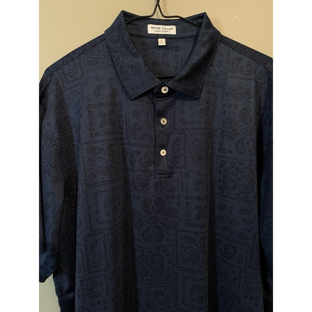 Peter Millar Summer Comfort Men's Polo L Short Sleeve Dark Blue Paisley - Picture 7 of 16